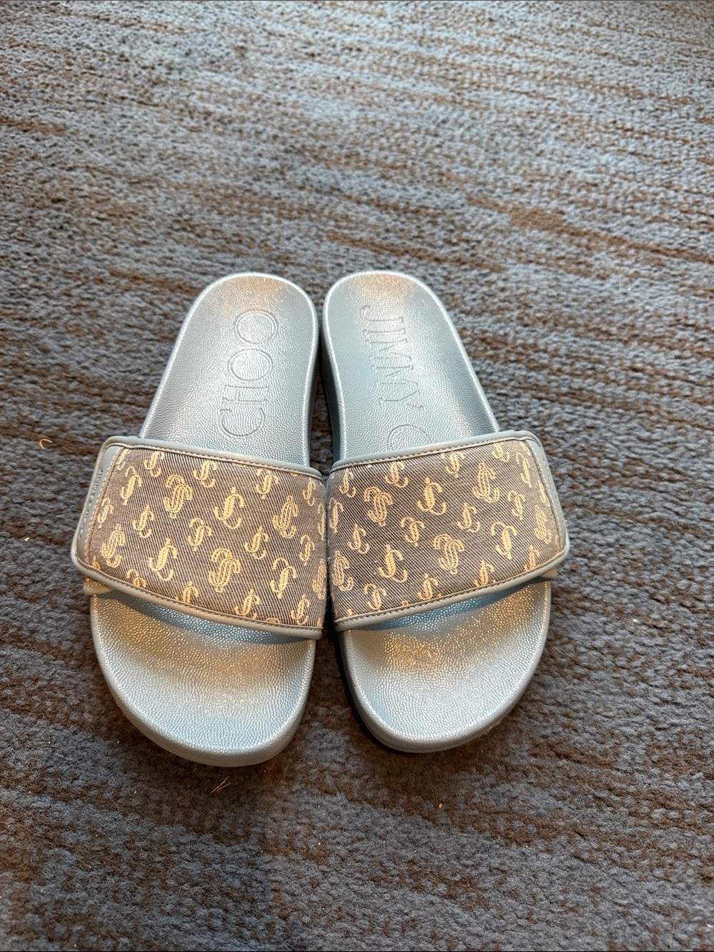 Jimmy Choo Metallic Silver Logo Slide Sandals